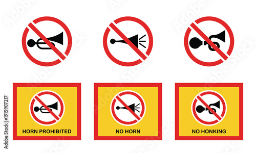 No Horn Prohibited Sign Hospital School Sticker Labels Red Yellow Vector