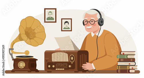Senior man enjoying vintage music on headphones with a retro radio and gramophone, surrounded by old books, embracing nostalgic hobbies and peaceful retirement moments.