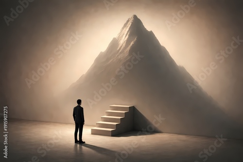 Person hesitating before small stairs casting a giant mountain shadow, symbolizing overthinking, fear of starting and analysis paralysis