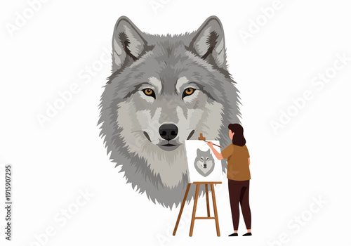 Artist painting a majestic gray wolf portrait on an easel, showcasing the creative process and the beauty of wildlife art in a stylized illustration.