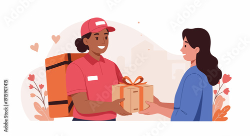 Smiling delivery person hands a beautifully wrapped gift package to a happy customer, representing excellent e-commerce service, convenient home delivery, and joyful online shopping experiences.