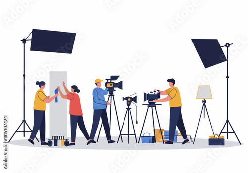 A professional film and video production crew working collaboratively on a studio set, utilizing cameras, lighting, and various equipment for a modern media project.