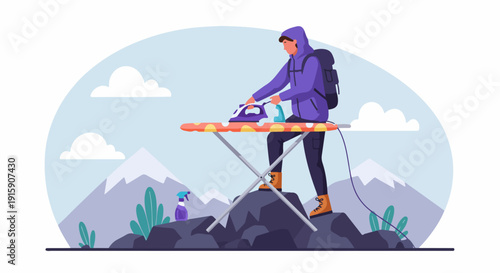 Hiker Ironing Clothes on a Mountain Peak: A Humorous Contrast of Domestic Chores and Wilderness Adventure in an Outdoor Setting.