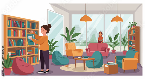 Happy woman organizes books in a modern, cozy library with ample natural light, comfortable seating, and plants. An inviting space for reading and learning.