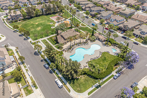 Camarillo, California – July 11, 2024: Aerial Drone Camarillo City View Photo toward Pleasant Valley Rd with House, Home, Town, Street, Road, Cityscape, Townhouse, Townhome, Swimming Pool
