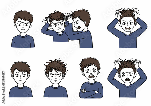 Illustration set of a young man experiencing stress, anxiety, and frustration, showing various expressions of being overwhelmed and pulling his hair.