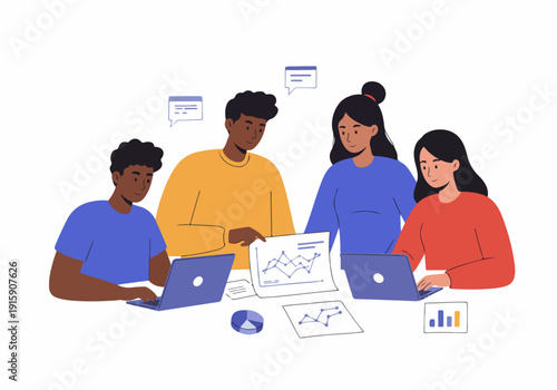 Diverse team collaborating on a business project, analyzing data and charts with laptops, illustrating modern teamwork and communication.