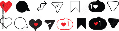 set of  Interaction Icons — Like, Comment, Repost, Share & Save Symbols with Red Heart Notification Bubble. 