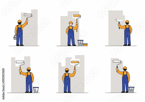 Six flat vector illustrations of a worker painting walls with a roller and paint bucket, depicting home renovation, repair, and professional maintenance services.
