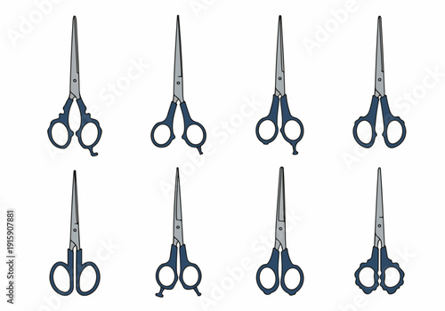 Collection of professional hairdressing and barber scissors with diverse handle designs, isolated on white background, essential tools for hair cutting and styling.