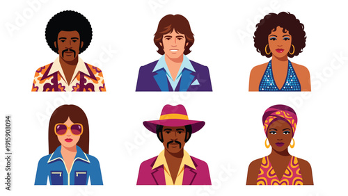 Diverse Retro 70s People Avatars. Disco Fashion Characters with Vintage Hairstyles. Multicultural Portraits Set.