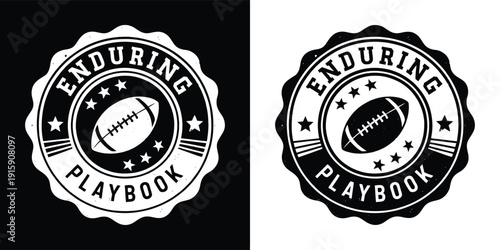 Vintage distressed American football emblem design featuring the text enduring playbook in a circular badge format