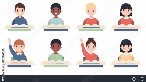 Diverse group of students studying and participating in class cartoon style
