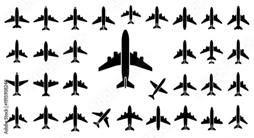Airplane top view silhouette icon set