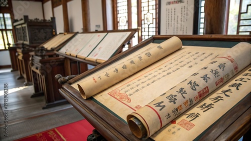 Antique Hand-Painted Scrolls Displayed with Ancient Chinese Calligraphy