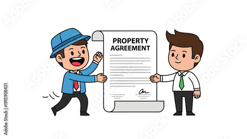 Happy Cartoon Men Exchanging Property Agreement Scroll - Real Estate & Business Deal Concept