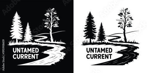 Black and white graphic design featuring evergreen trees a winding river and the bold text untamed current