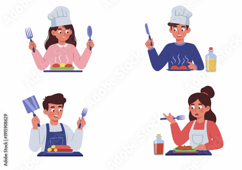 Diverse cooks and chefs evaluating their prepared meals with varied expressions, highlighting culinary challenges and kitchen outcomes.