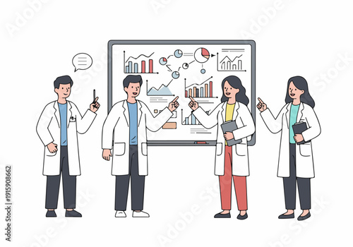 Scientists and medical professionals present data charts and graphs on a whiteboard, illustrating research, analysis, and collaborative teamwork.
