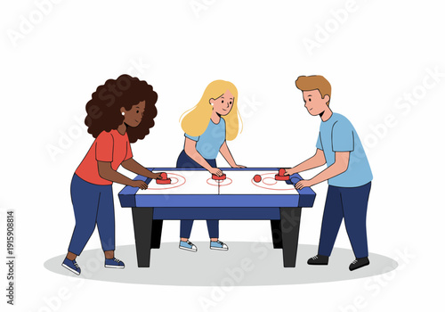 Diverse friends enjoy a fun, exciting game of air hockey together, showcasing leisure and entertainment in a vibrant vector illustration.