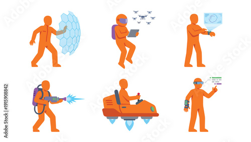 Future Technology Vector Concepts: People Using Advanced Gadgets, Drones, VR, Hovercraft, and Sci-Fi Weapons