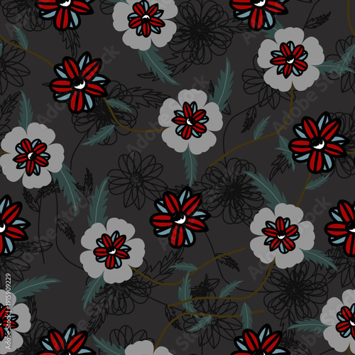 Floral seamless pattern ,Jacobean Print Pattern Seamless , navy flowers Vector clipart. Seamless pattern with stylized exotic flowers, climbing plants. Fashion floral wallpaper, background. Asian	