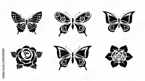 Elegant black butterfly and rose illustrations for design