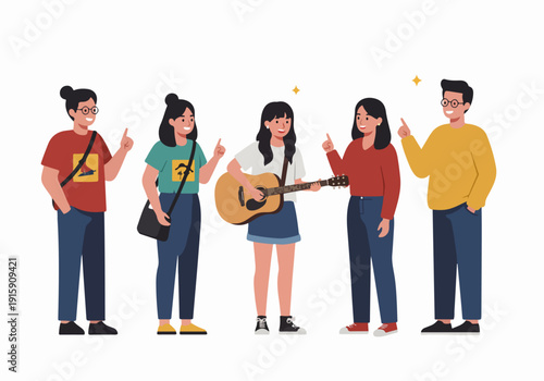 Cheerful young adults sharing a musical moment, with one playing acoustic guitar, in a modern flat design illustration, representing friendship and entertainment.