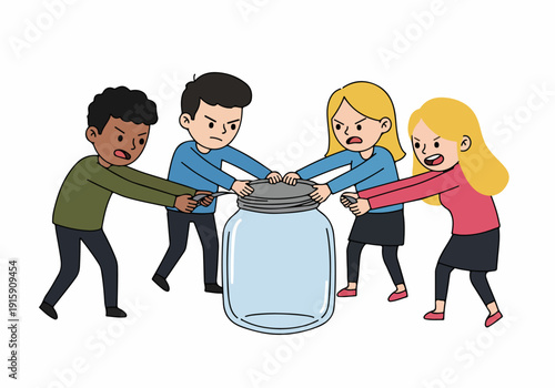 Four diverse people struggle with a difficult jar, symbolizing conflict, challenging tasks, problem-solving, or competition.