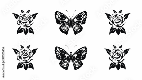 Elegant butterfly and rose designs in modern black and white