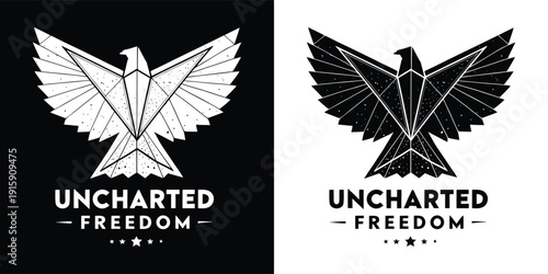 Striking geometric abstract eagle emblem design presented in both black and white contrasting versions for versatile branding