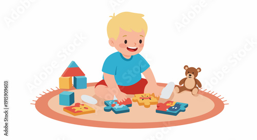 Happy toddler playing with colorful puzzles and building blocks on a rug, with a teddy bear, illustrating childhood development.