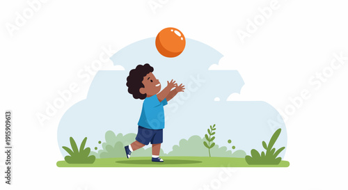 Happy young boy playing catch with an orange ball outdoors, enjoying a cheerful and active childhood moment in a flat vector illustration style.