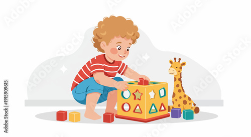 Smiling curly-haired toddler boy happily engaging with a colorful shape sorter toy, learning and playing alongside a friendly giraffe plush.