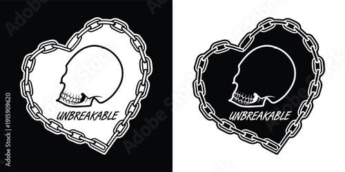 Striking black and white graphic design featuring a chained heart enclosing a defiant human skull silhouette with the word unbreakable present.