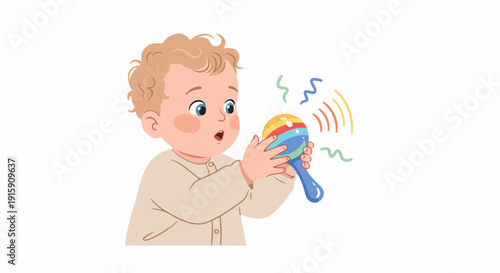 Adorable baby expressing surprise and joy while playing with a colorful musical rattle, an illustration of early childhood development and sensory exploration.