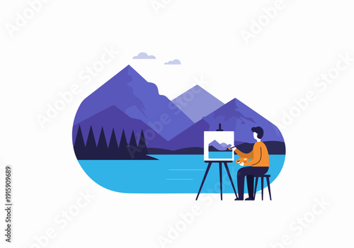 Artist painting a tranquil mountain lake landscape on an easel, capturing nature's beauty with creative inspiration in a flat design illustration.