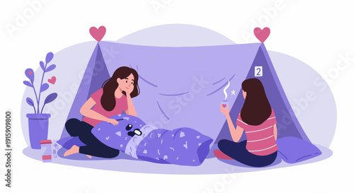 Two women enjoying a cozy blanket fort sleepover, sharing hot drinks and creating cherished memories in a warm, friendly indoor setting with hearts.