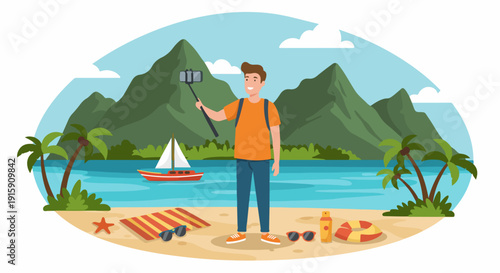 Happy young man takes a selfie on a tropical beach vacation, surrounded by palm trees, mountains, and a sailboat, capturing summer memories with a smartphone.