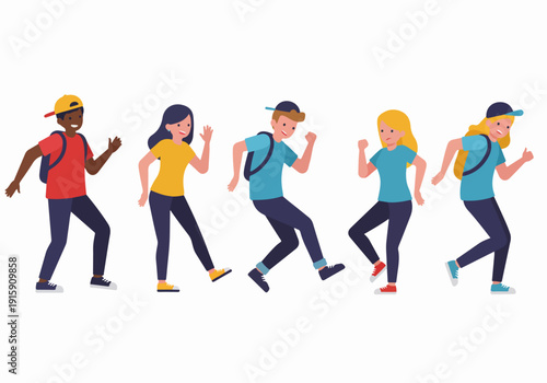 Diverse group of energetic young people in casual attire walking and moving dynamically in a flat vector illustration.