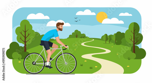 Bearded man enjoying a leisurely bike ride through a vibrant green park under a bright sky, promoting outdoor recreation and active lifestyle.
