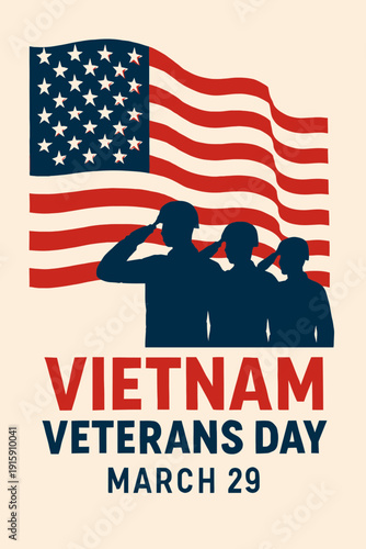 Vietnam Veterans Day official poster with American flag silhouette and soldiers saluting