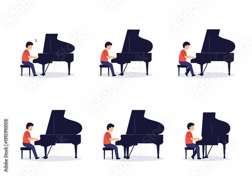 Young man practicing grand piano, depicting both frustration and focused dedication in a series of musical illustrations.