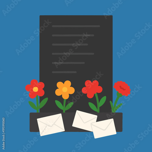 Minimalist representation of a memorial wall with flowers and letters at the base