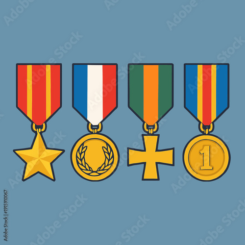 Top view of flat military medals with colorful ribbons, flat vector illustration