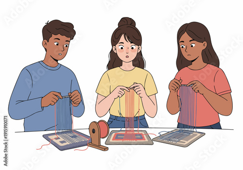 Diverse young people learning to weave on small looms, engaging in a focused and creative handicraft activity with colorful threads.