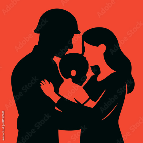 Silhouette of a soldier hugging a child and spouse