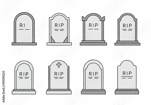 Collection of simple cartoon gravestones and tombstones with RIP inscriptions and varying designs, suitable for Halloween or death-related themes.