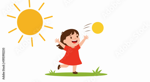 Joyful cartoon girl in a red dress playing with a yellow ball under a bright sun on green grass, depicting happy childhood outdoor activities.