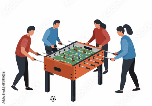 Four diverse friends enjoying a lively game of foosball, illustrating teamwork, fun, and recreational activity in a vibrant flat design style.